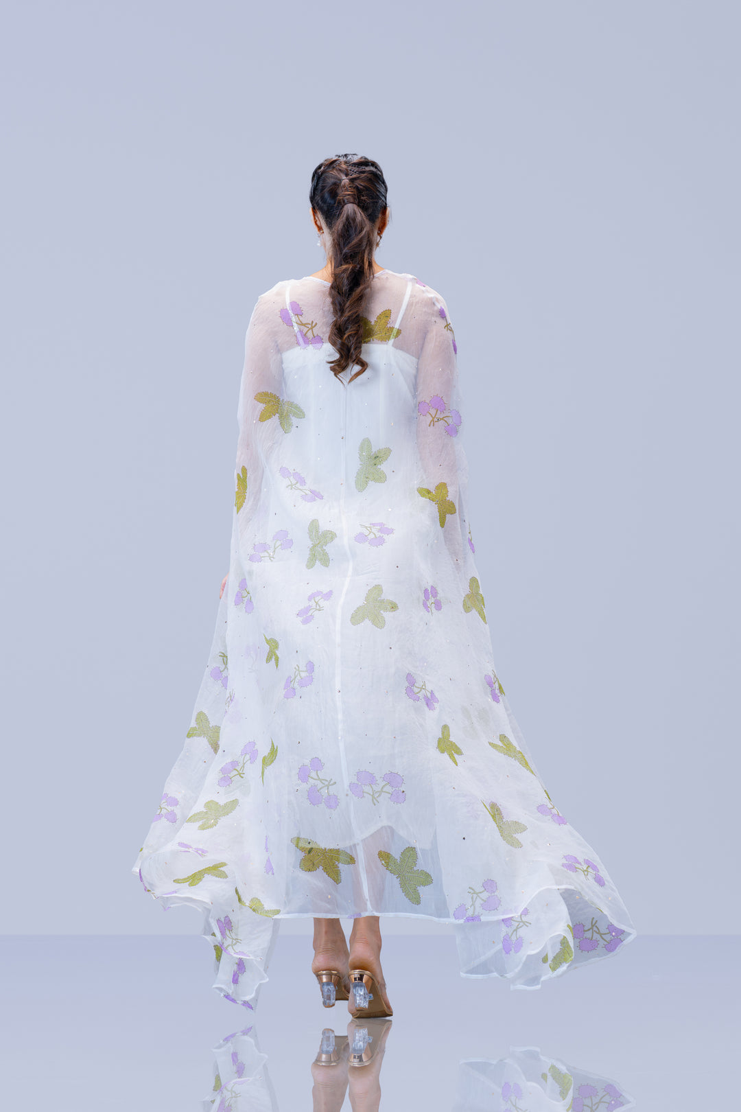 Pearl White Thottavaadi Block Print Silk Organza Long Cape Dress with Midi