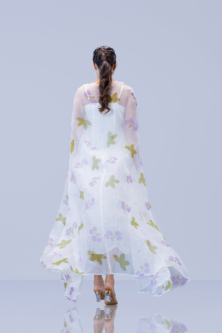 Pearl White Thottavaadi Block Print Silk Organza Long Cape Dress with Midi