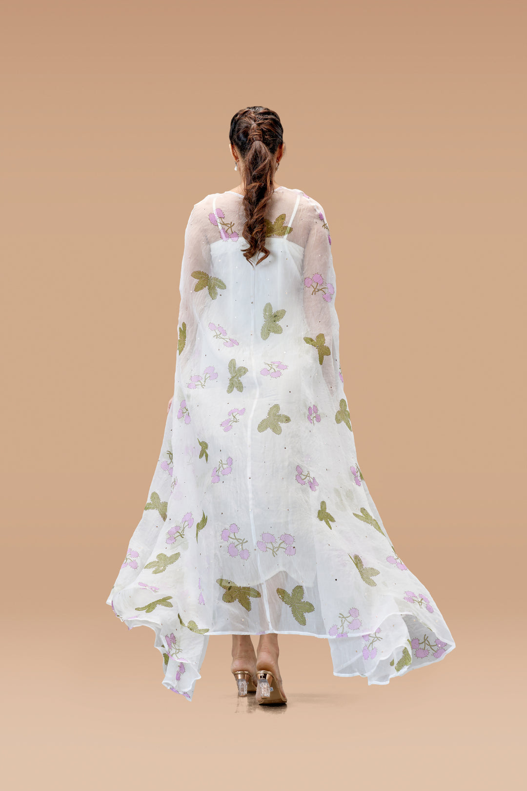 Pearl White Thottavaadi Block Print Silk Organza Long Cape Dress with Midi