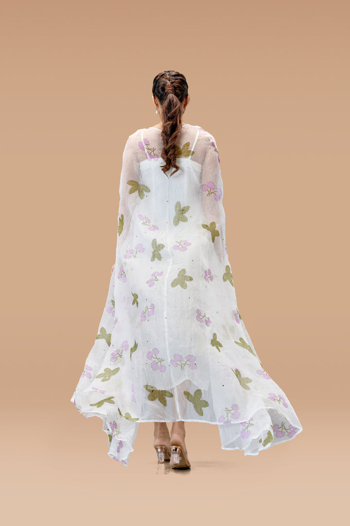 Pearl White Thottavaadi Block Print Silk Organza Long Cape Dress with Midi