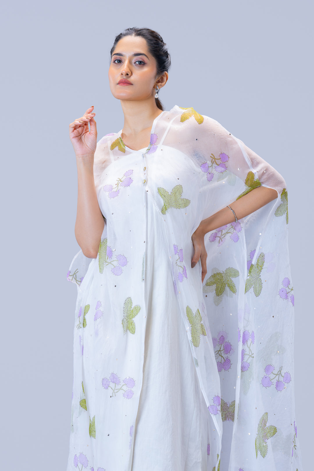 Pearl White Thottavaadi Block Print Silk Organza Long Cape Dress with Midi