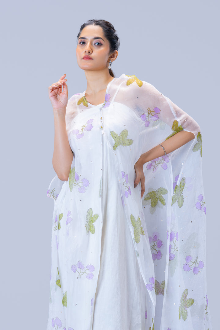 Pearl White Thottavaadi Block Print Silk Organza Long Cape Dress with Midi
