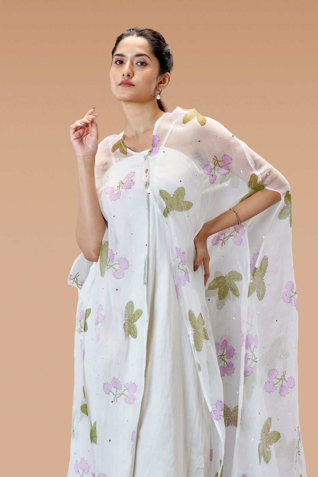 Pearl White Thottavaadi Block Print Silk Organza Long Cape Dress with Midi
