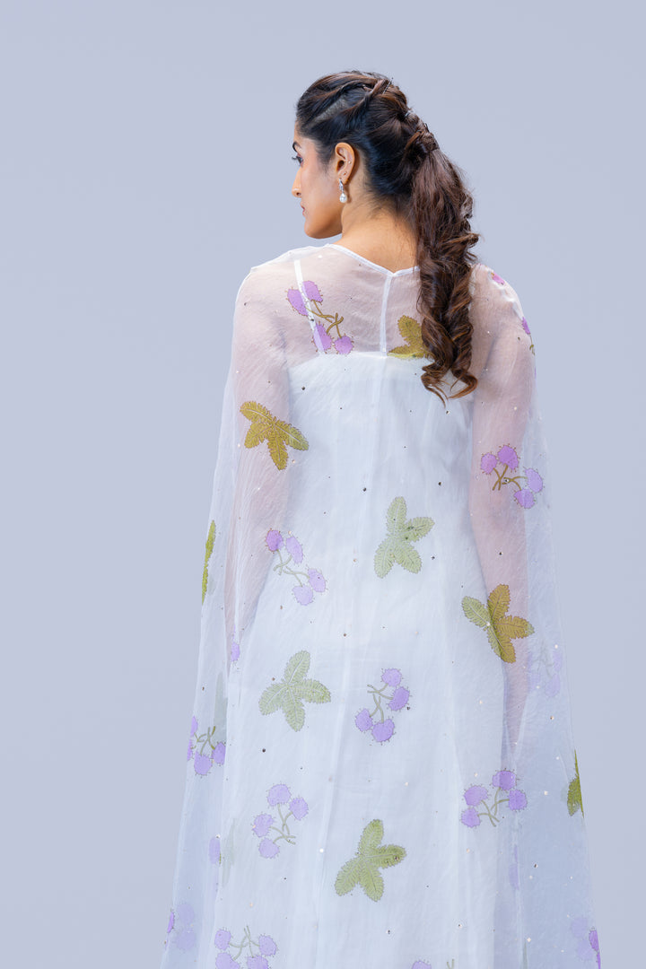 Pearl White Thottavaadi Block Print Silk Organza Long Cape Dress with Midi