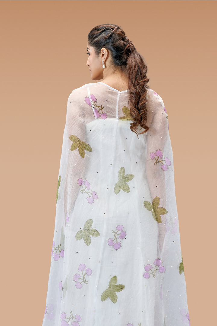 Pearl White Thottavaadi Block Print Silk Organza Long Cape Dress with Midi