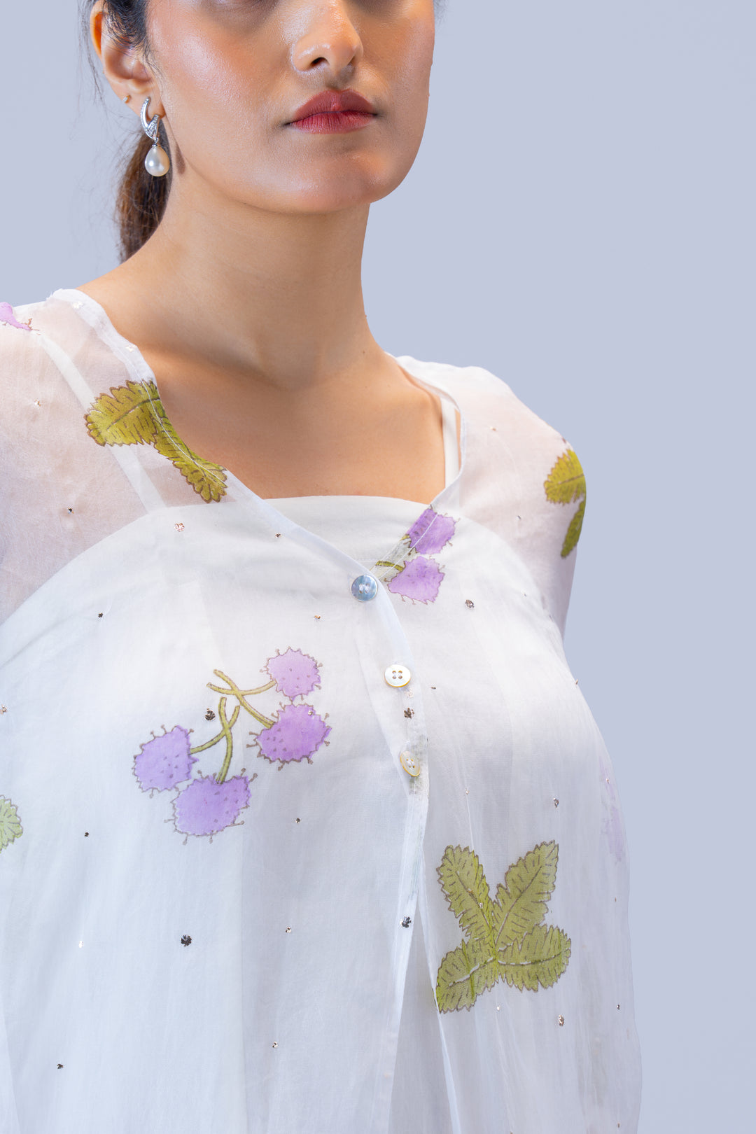 Pearl White Thottavaadi Block Print Silk Organza Long Cape Dress with Midi