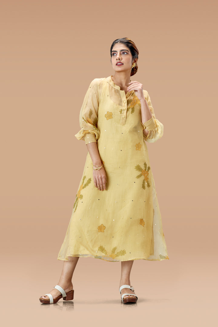 Beige Mukkutti Block Print Mulberry Silk Organza A-Line Full Sleeve Midi Dress