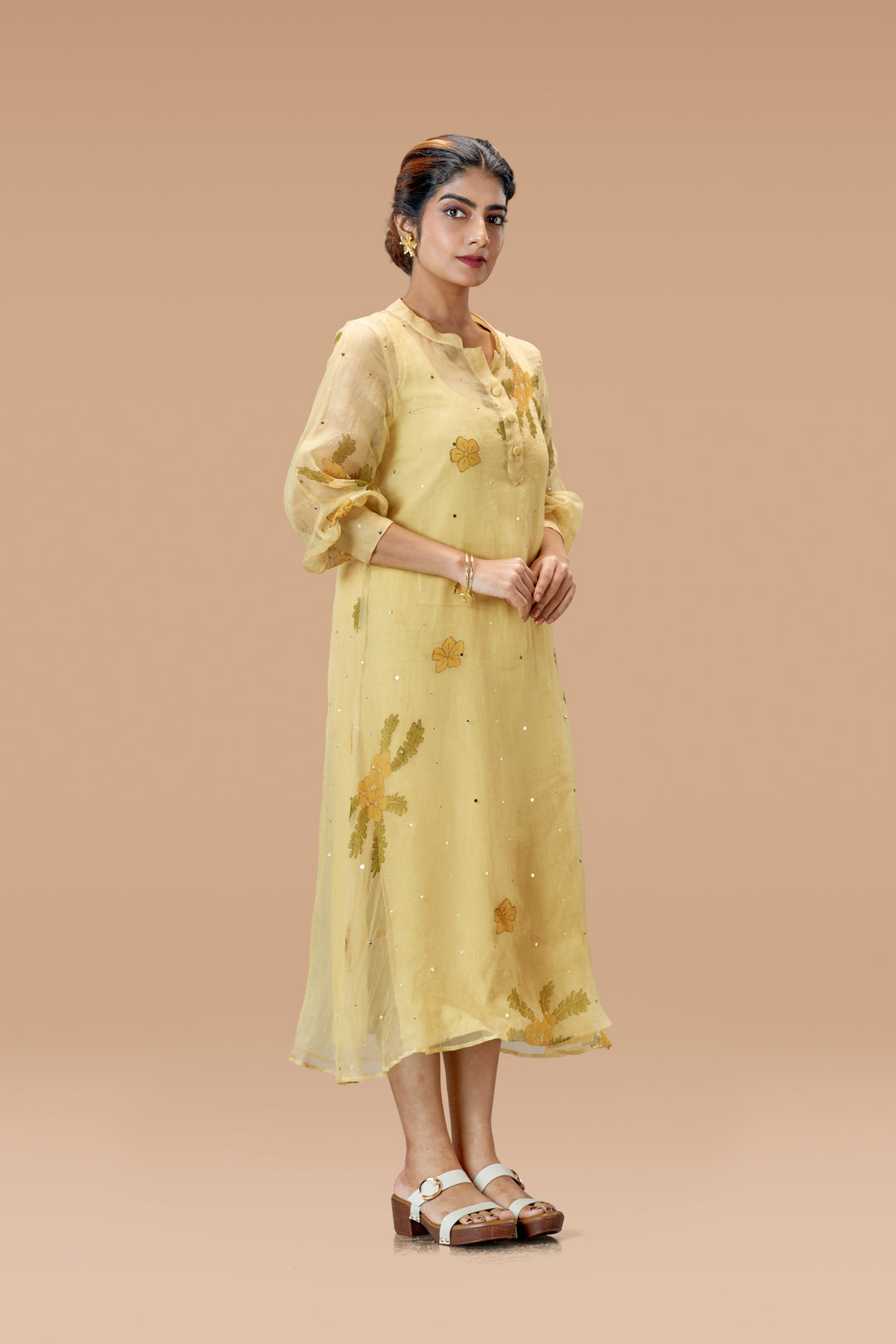 Beige Mukkutti Block Print Mulberry Silk Organza A-Line Full Sleeve Midi Dress