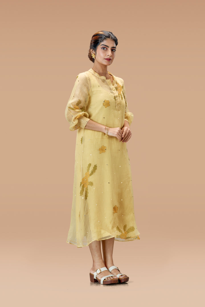 Beige Mukkutti Block Print Mulberry Silk Organza A-Line Full Sleeve Midi Dress
