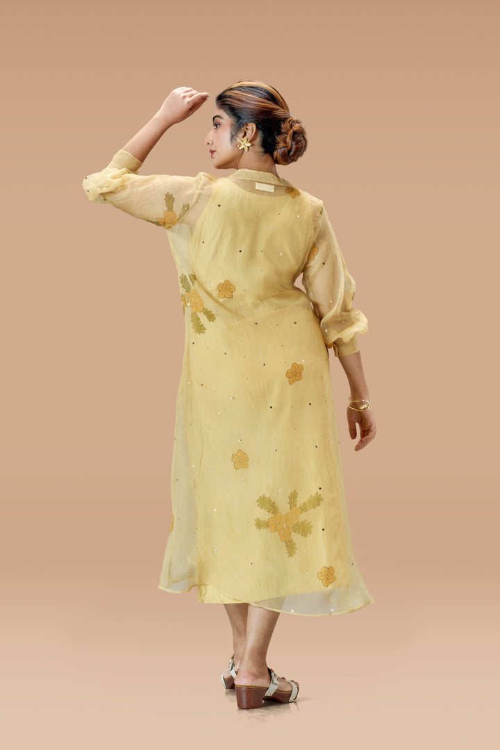 Beige Mukkutti Block Print Mulberry Silk Organza A-Line Full Sleeve Midi Dress