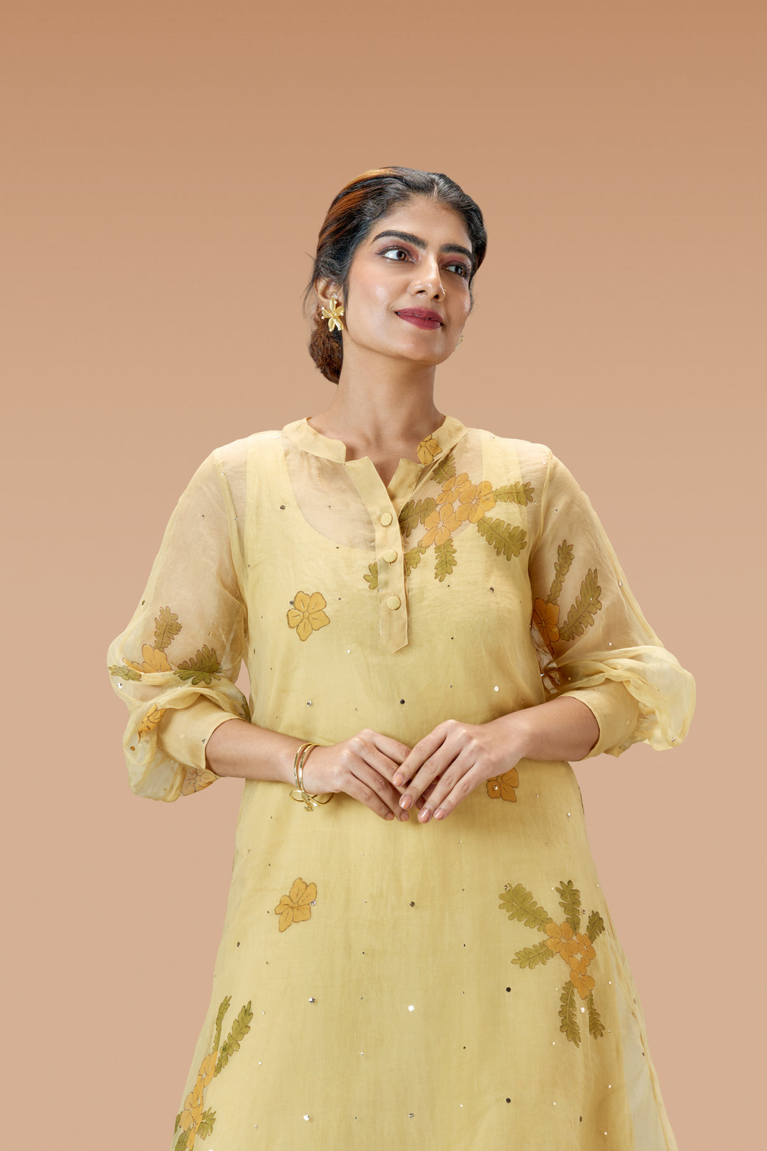 Beige Mukkutti Block Print Mulberry Silk Organza A-Line Full Sleeve Midi Dress