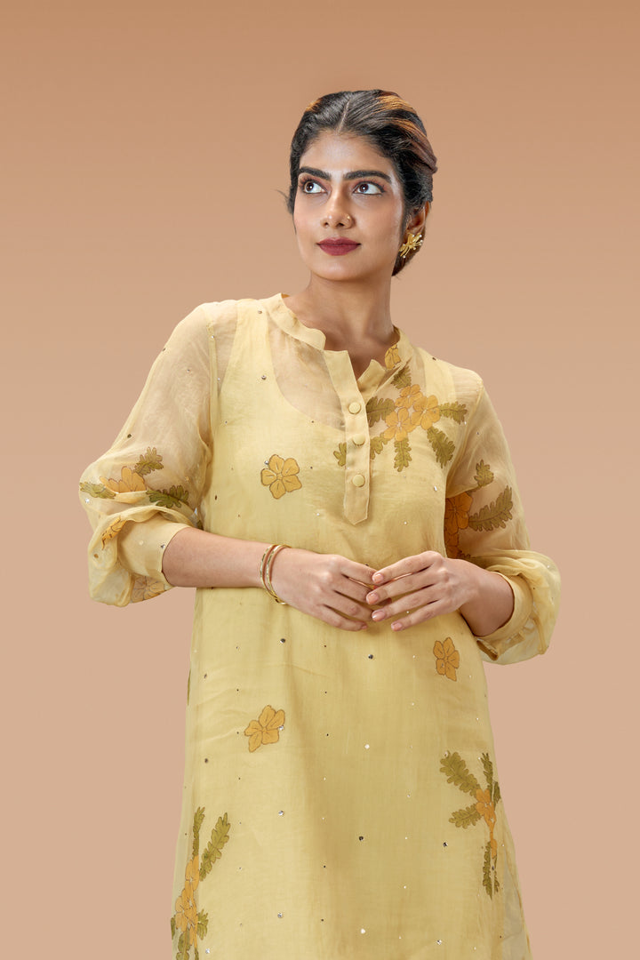 Beige Mukkutti Block Print Mulberry Silk Organza A-Line Full Sleeve Midi Dress