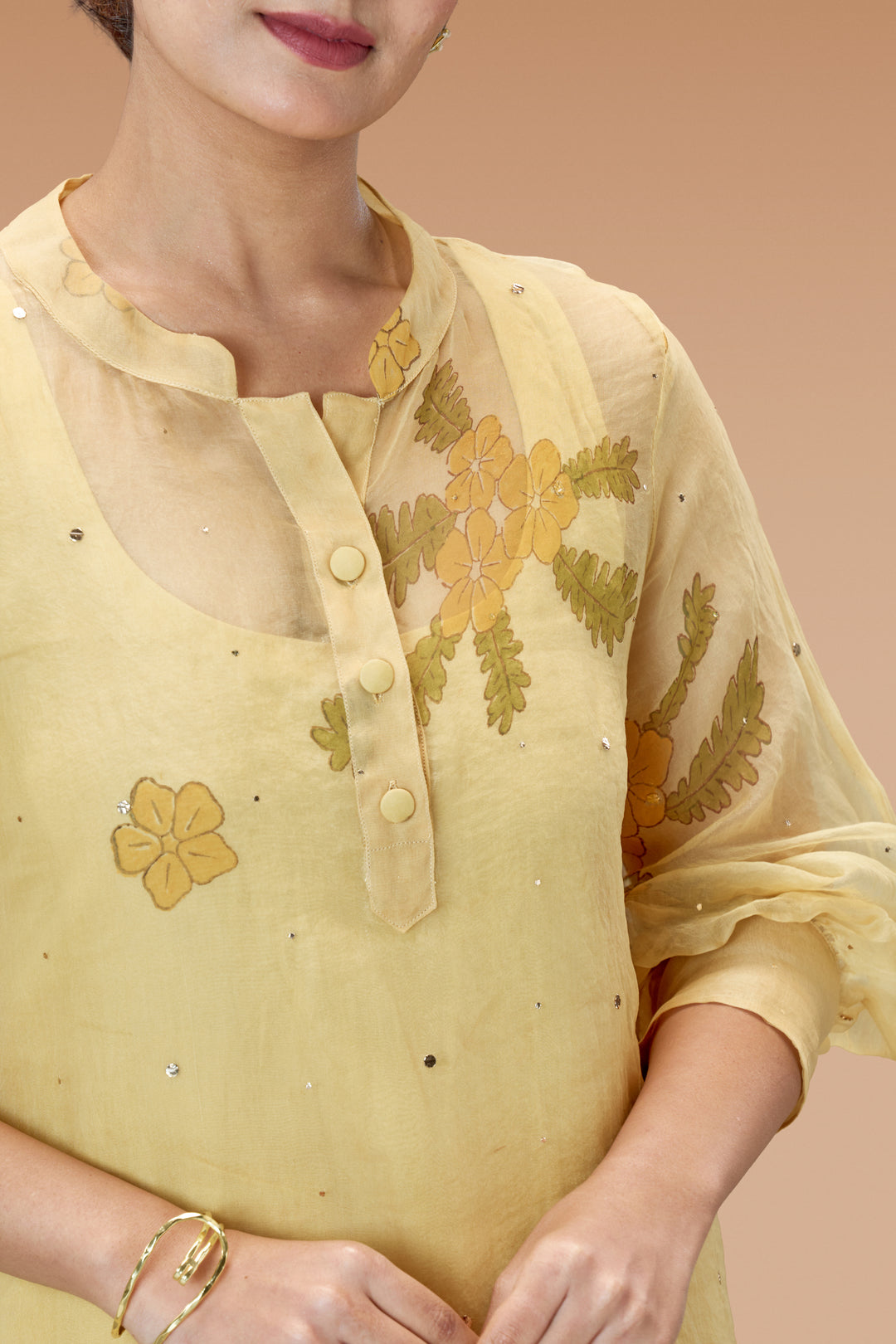 Beige Mukkutti Block Print Mulberry Silk Organza A-Line Full Sleeve Midi Dress