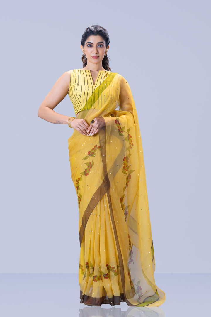 Beige Kurumulak Block Print Silk Organza Saree with Blouse Piece