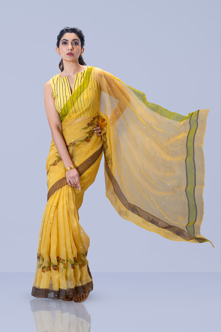 Beige Kurumulak Block Print Silk Organza Saree with Blouse Piece