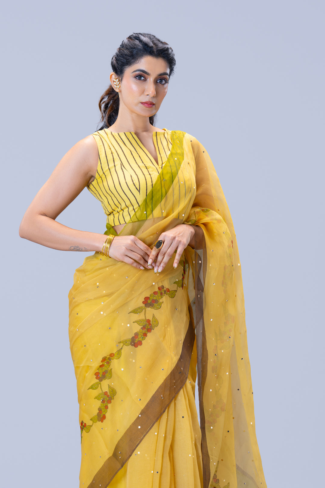 Beige Kurumulak Block Print Silk Organza Saree with Blouse Piece