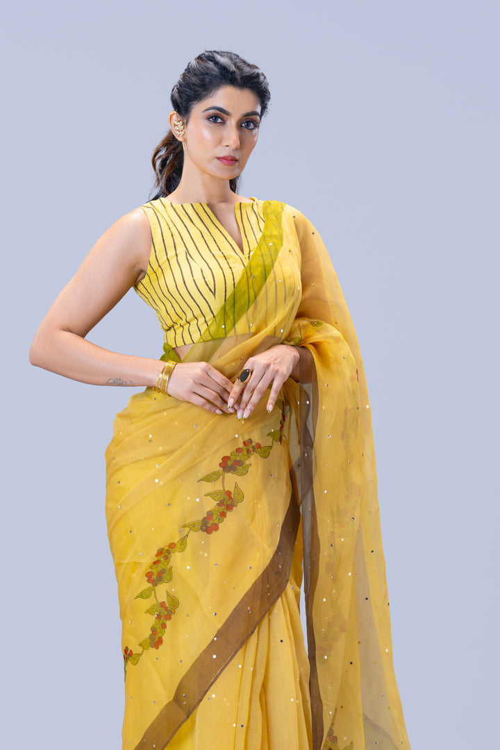 Beige Kurumulak Block Print Silk Organza Saree with Blouse Piece