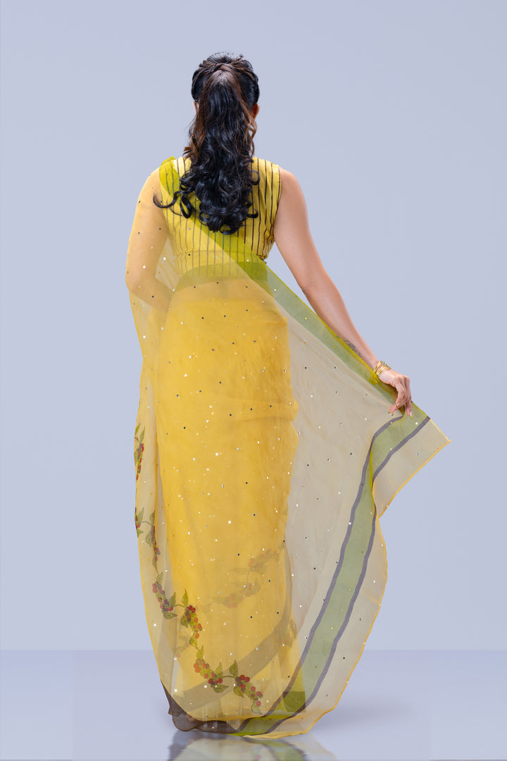 Beige Kurumulak Block Print Silk Organza Saree with Blouse Piece