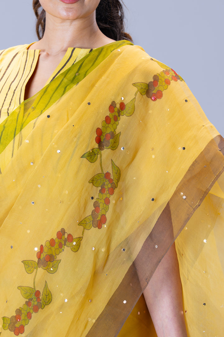 Beige Kurumulak Block Print Silk Organza Saree with Blouse Piece