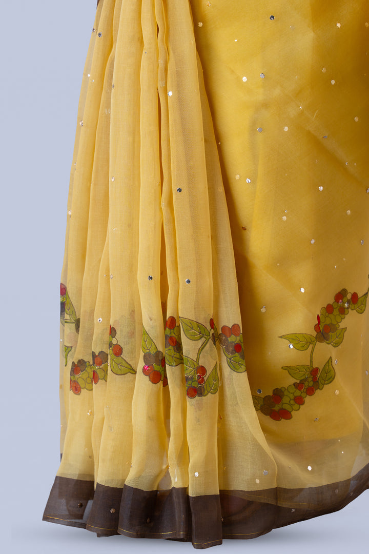 Beige Kurumulak Block Print Silk Organza Saree with Blouse Piece