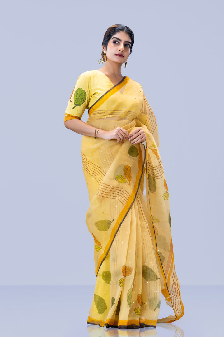Beige Plaavila Block Print Silk Organza Saree with Blouse Piece