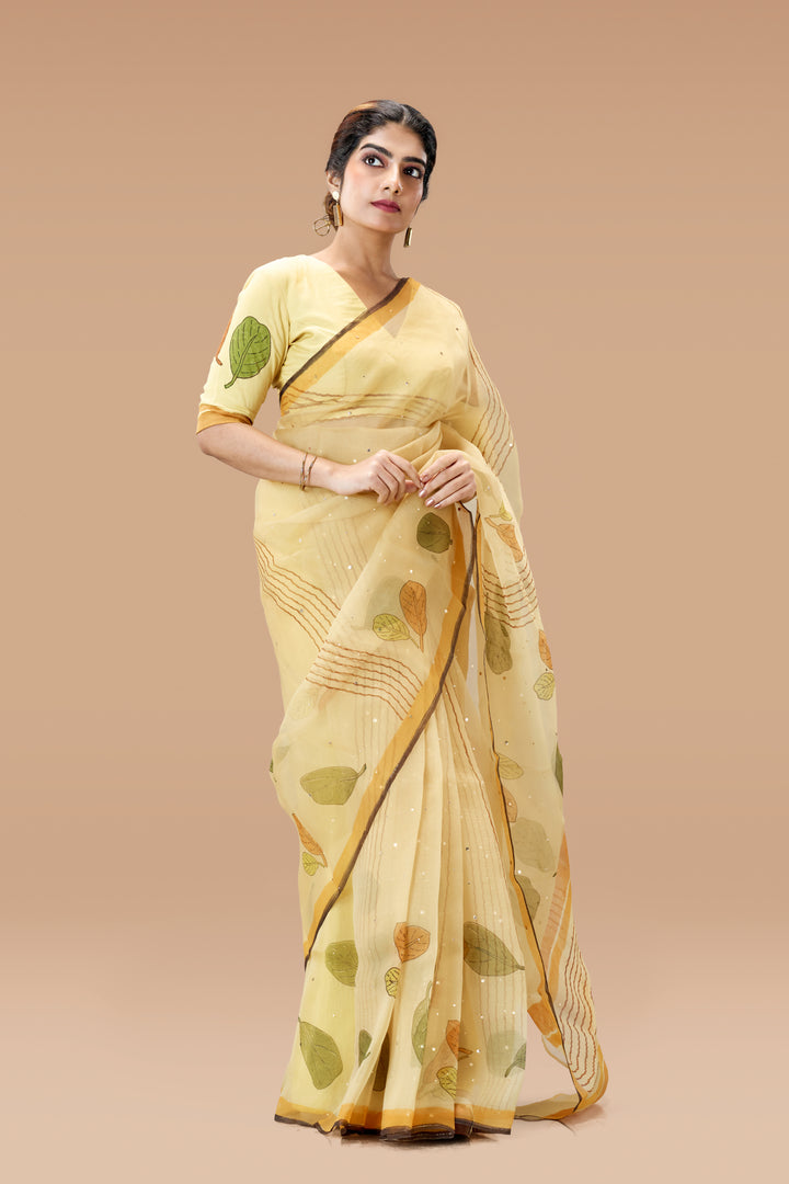 Beige Plaavila Block Print Silk Organza Saree with Blouse Piece