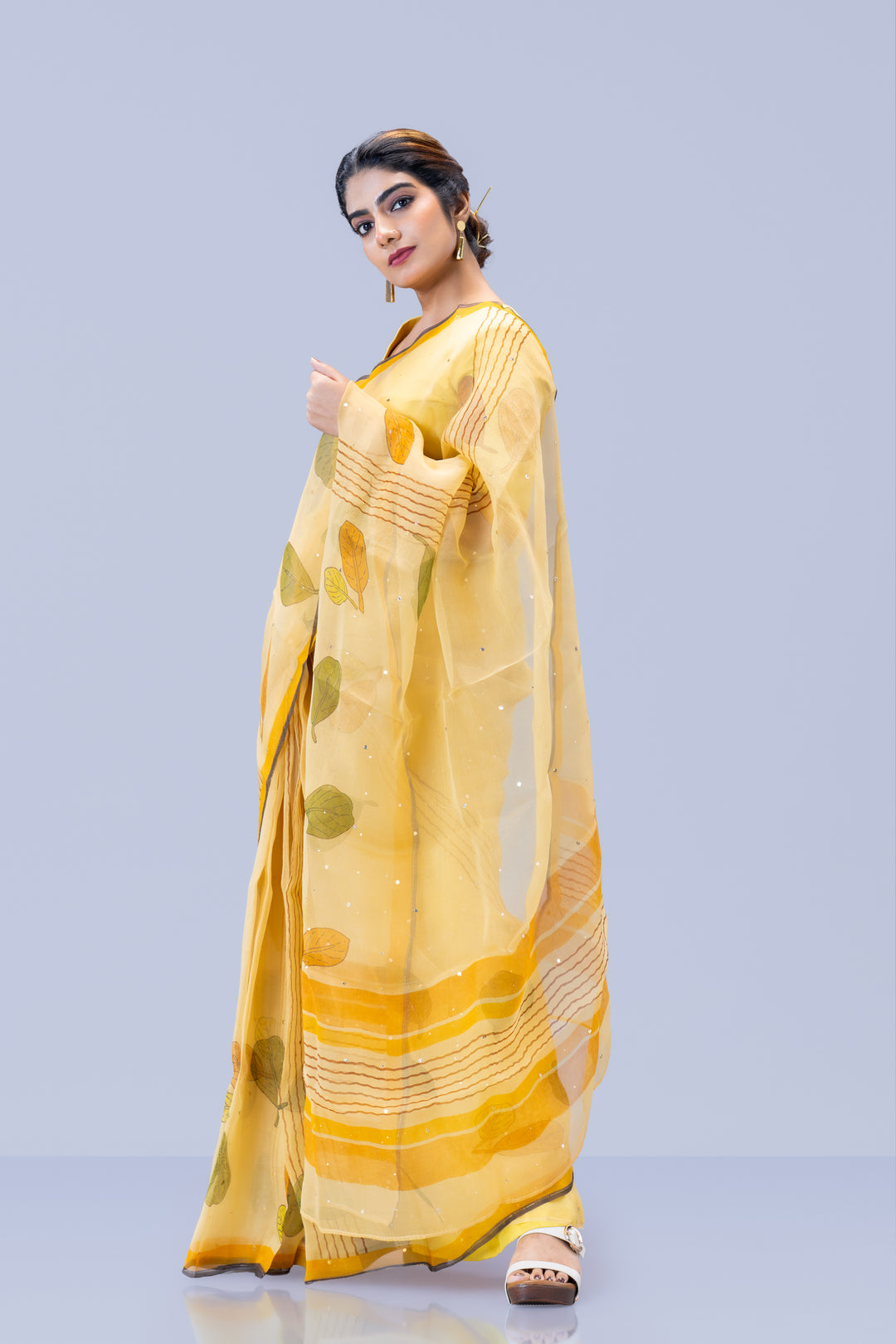 Beige Plaavila Block Print Silk Organza Saree with Blouse Piece