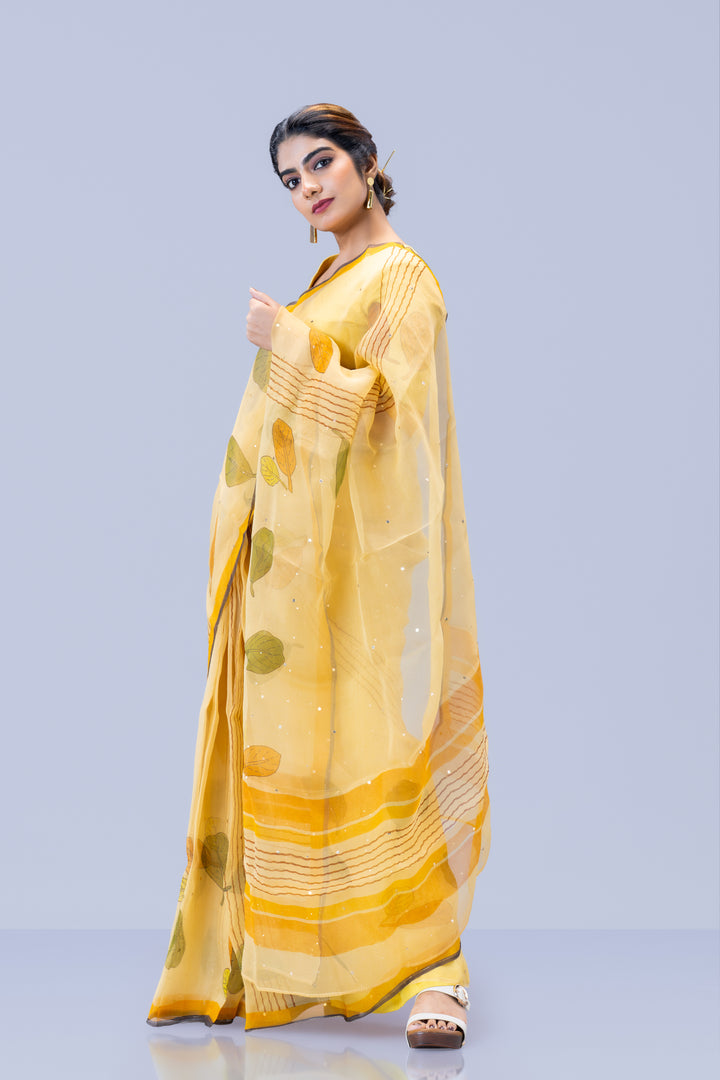 Beige Plaavila Block Print Silk Organza Saree with Blouse Piece