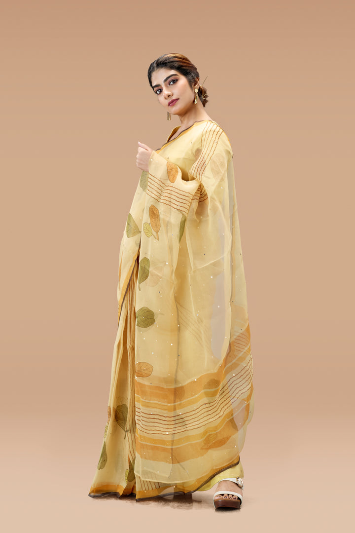 Beige Plaavila Block Print Silk Organza Saree with Blouse Piece