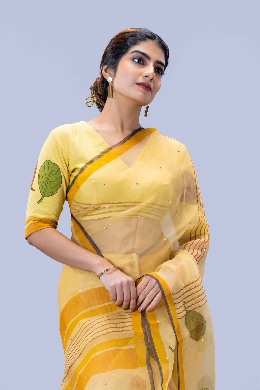 Beige Plaavila Block Print Silk Organza Saree with Blouse Piece