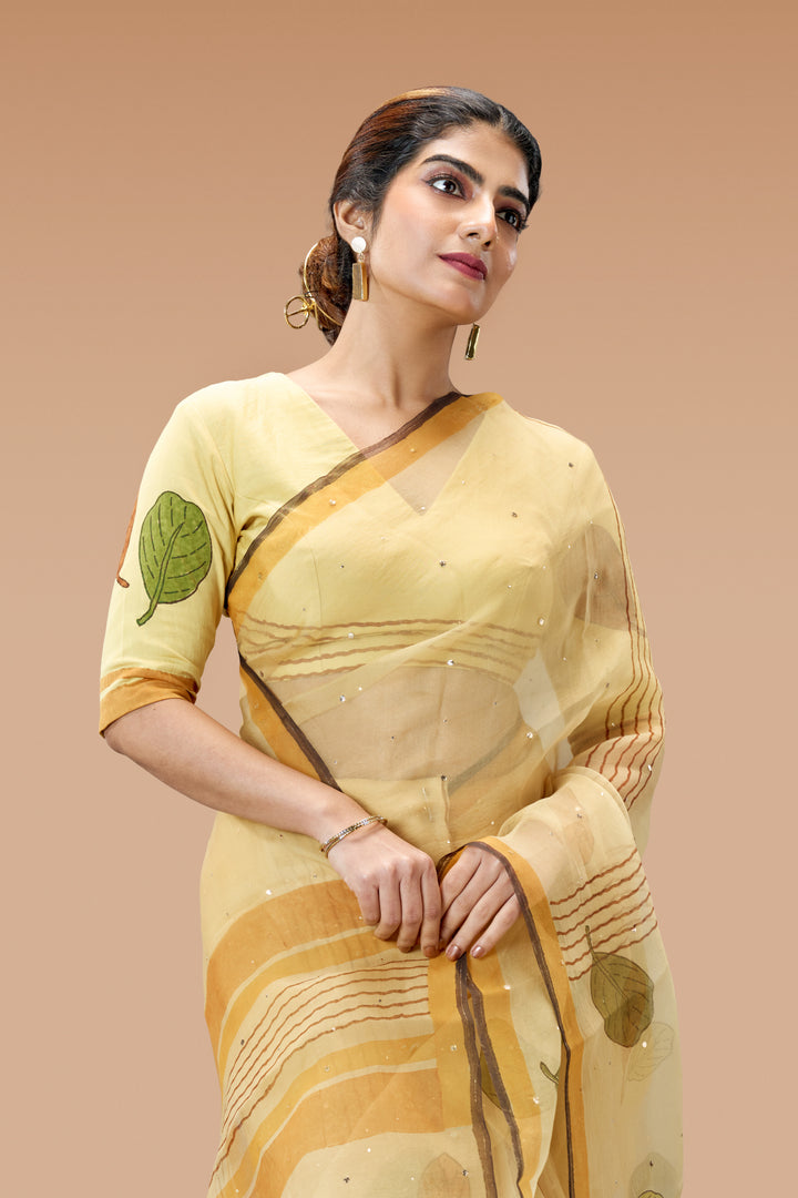 Beige Plaavila Block Print Silk Organza Saree with Blouse Piece