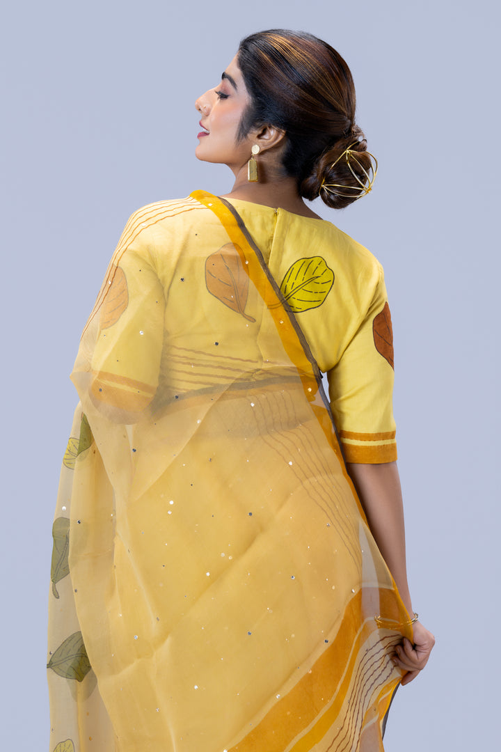 Beige Plaavila Block Print Silk Organza Saree with Blouse Piece