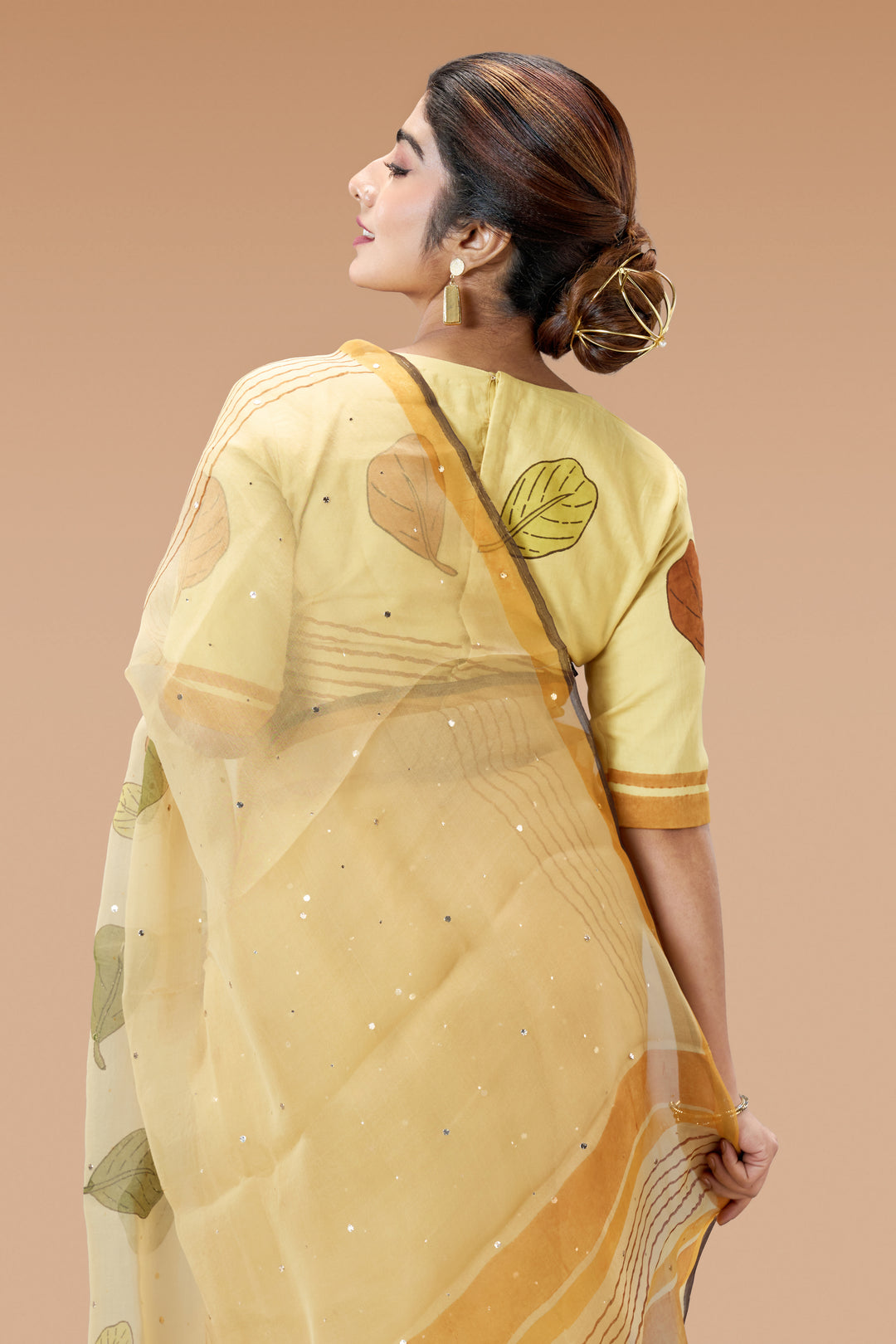 Beige Plaavila Block Print Silk Organza Saree with Blouse Piece