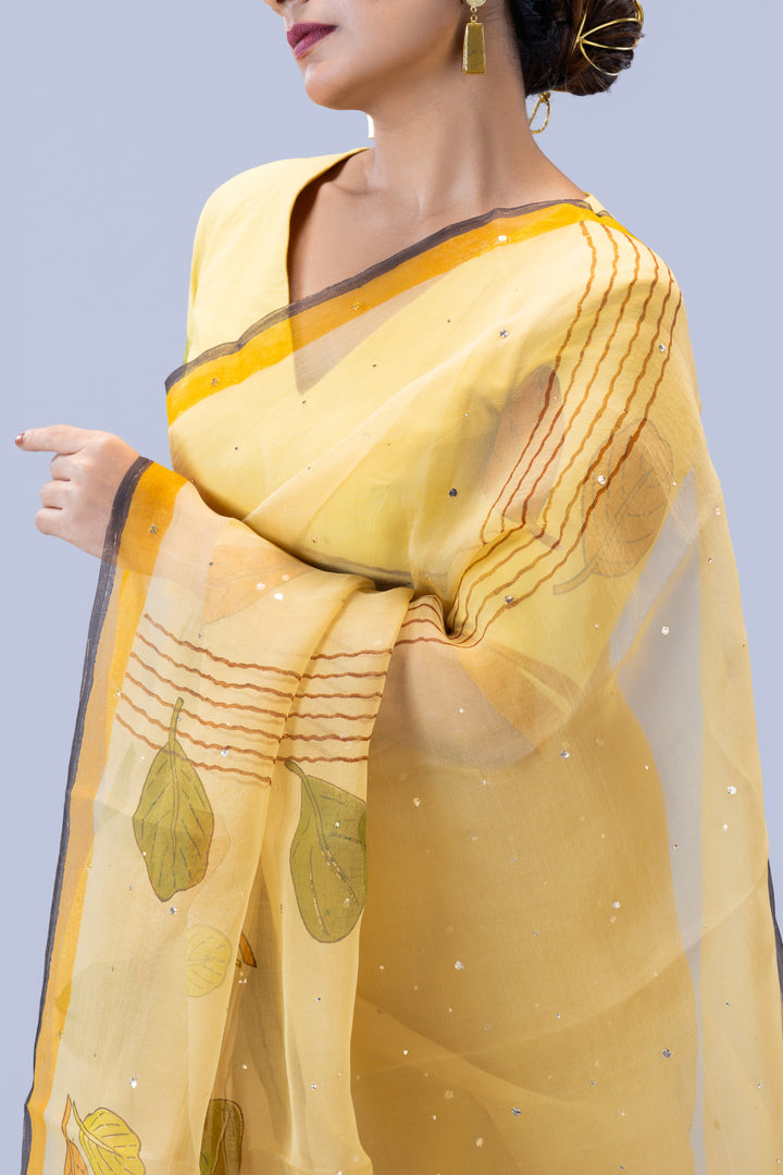 Beige Plaavila Block Print Silk Organza Saree with Blouse Piece