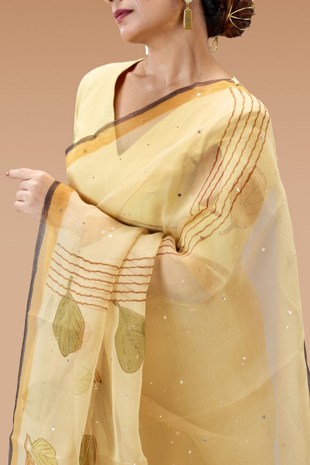 Beige Plaavila Block Print Silk Organza Saree with Blouse Piece