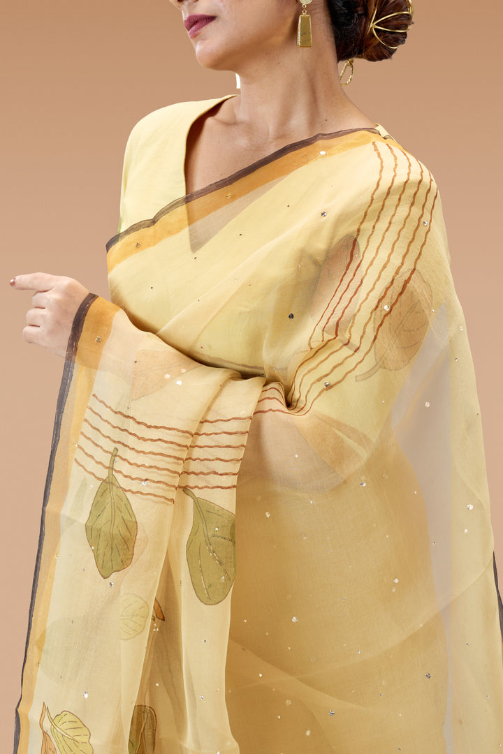Beige Plaavila Block Print Silk Organza Saree with Blouse Piece