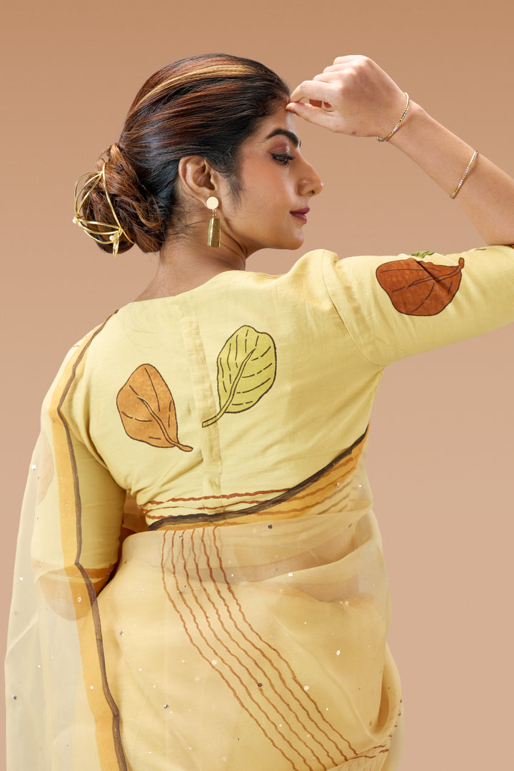 Beige Plaavila Block Print Silk Organza Saree with Blouse Piece