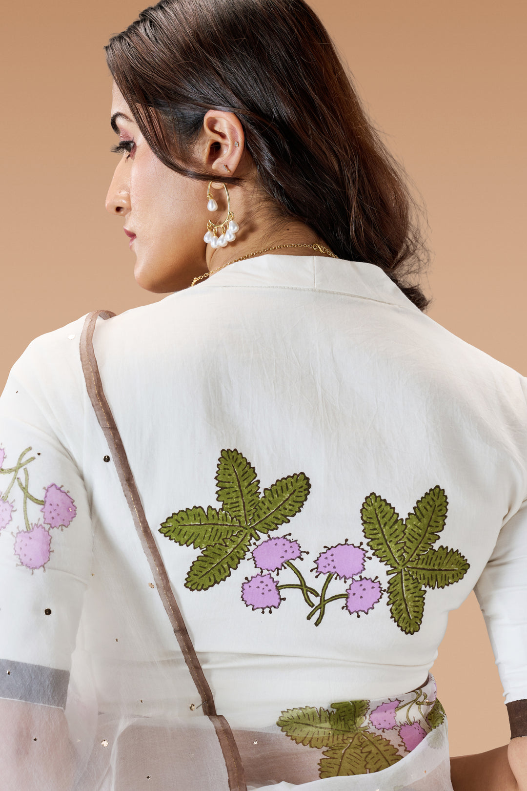 Pearl White Thottavaadi Block Print Silk Organza Saree with Blouse Piece