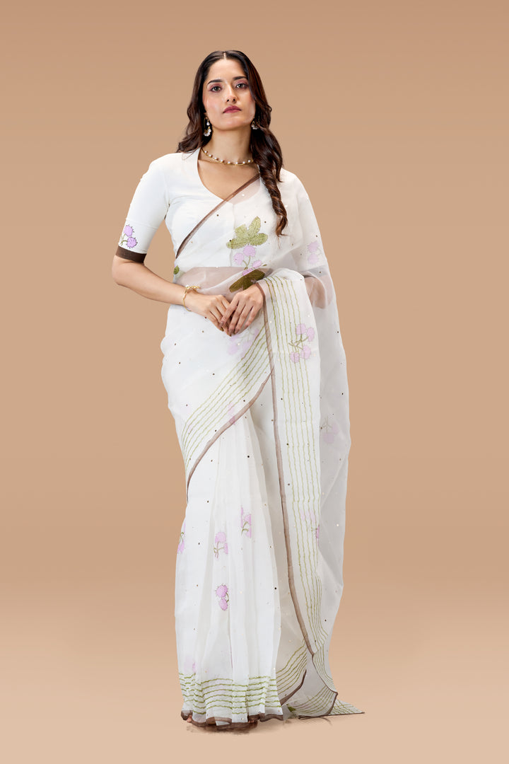 Pearl White Thottavaadi Block Print Silk Organza Saree with Blouse Piece