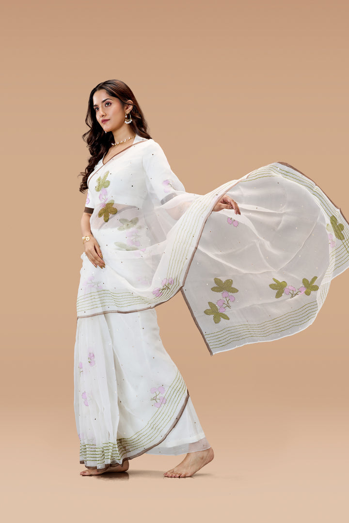 Pearl White Thottavaadi Block Print Silk Organza Saree with Blouse Piece
