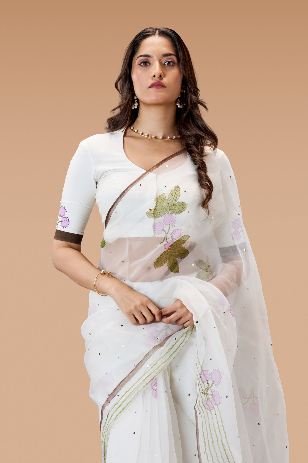 Pearl White Thottavaadi Block Print Silk Organza Saree with Blouse Piece