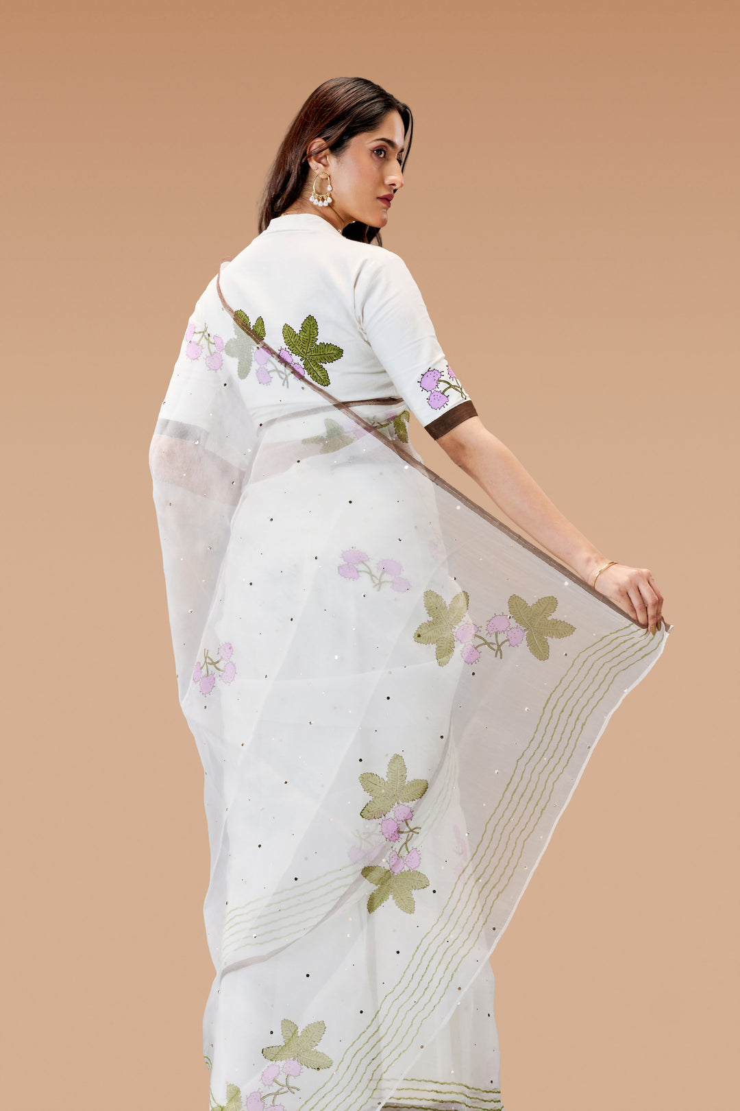 Pearl White Thottavaadi Block Print Silk Organza Saree with Blouse Piece