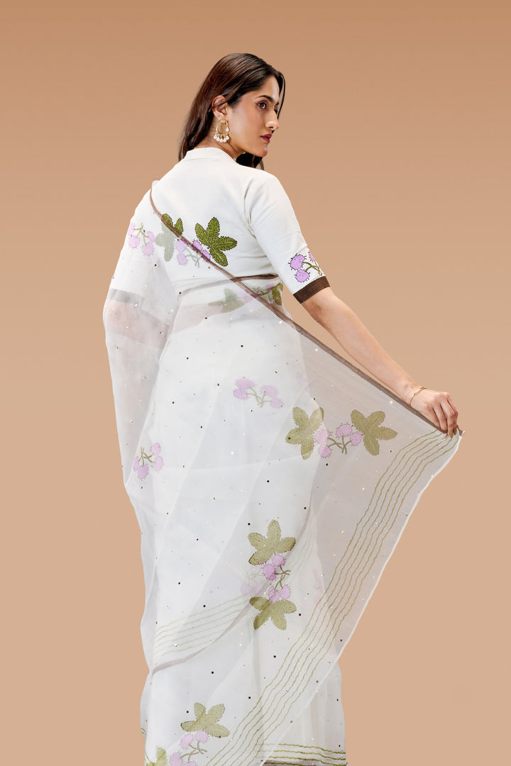 Pearl White Thottavaadi Block Print Silk Organza Saree with Blouse Piece