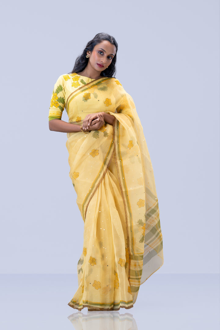 Beige Mukkutti Block Print Silk Organza Saree with Blouse Piece