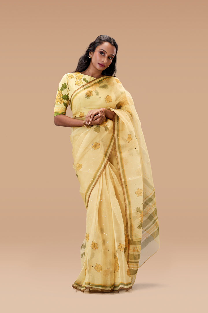 Beige Mukkutti Block Print Silk Organza Saree with Blouse Piece