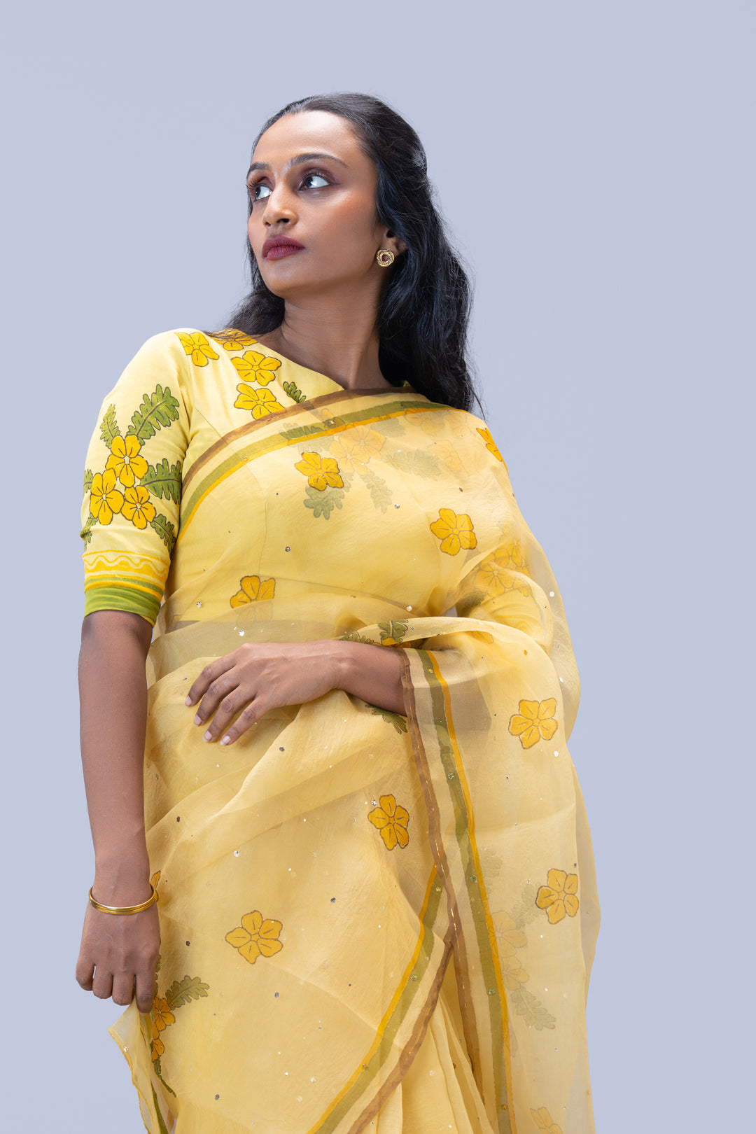 Beige Mukkutti Block Print Silk Organza Saree with Blouse Piece