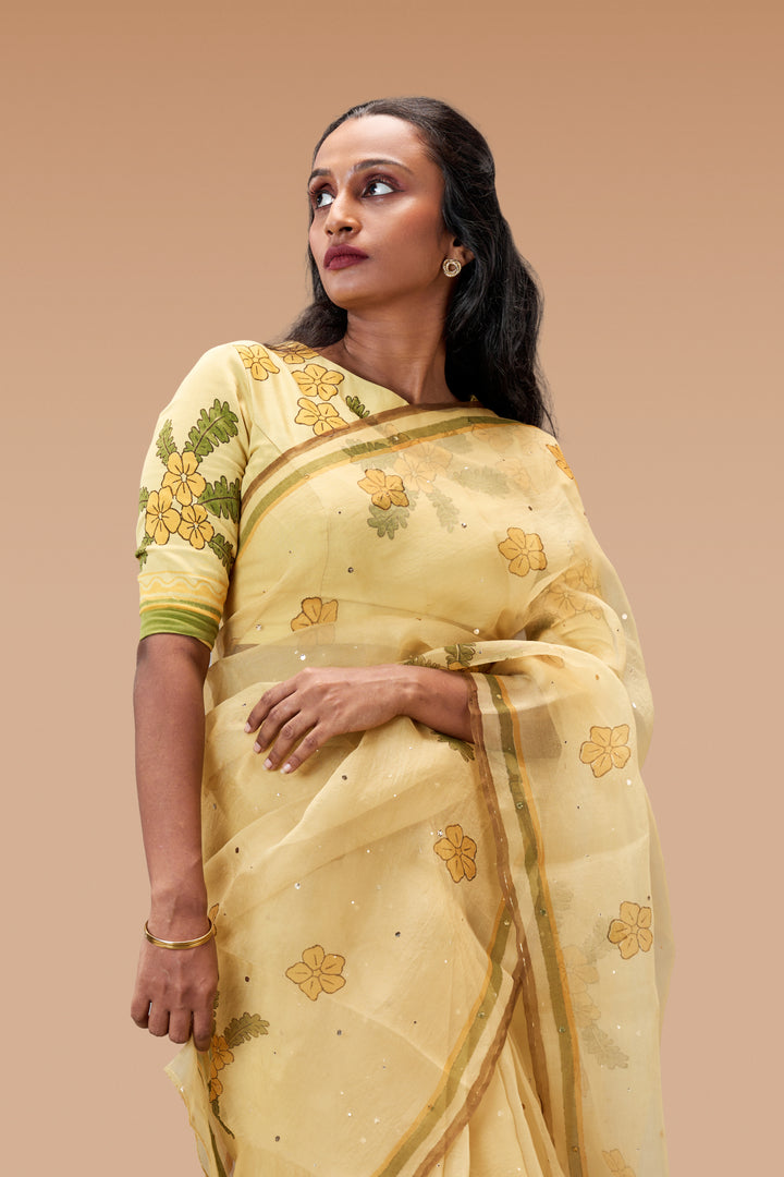 Beige Mukkutti Block Print Silk Organza Saree with Blouse Piece