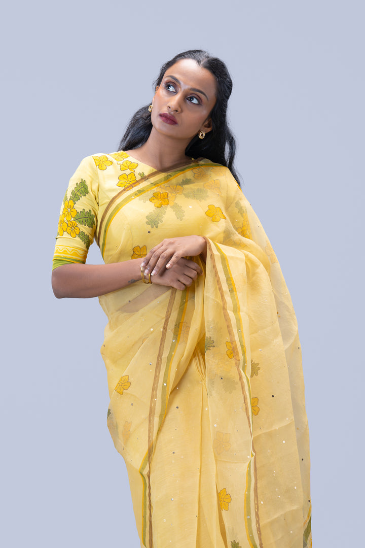 Beige Mukkutti Block Print Silk Organza Saree with Blouse Piece