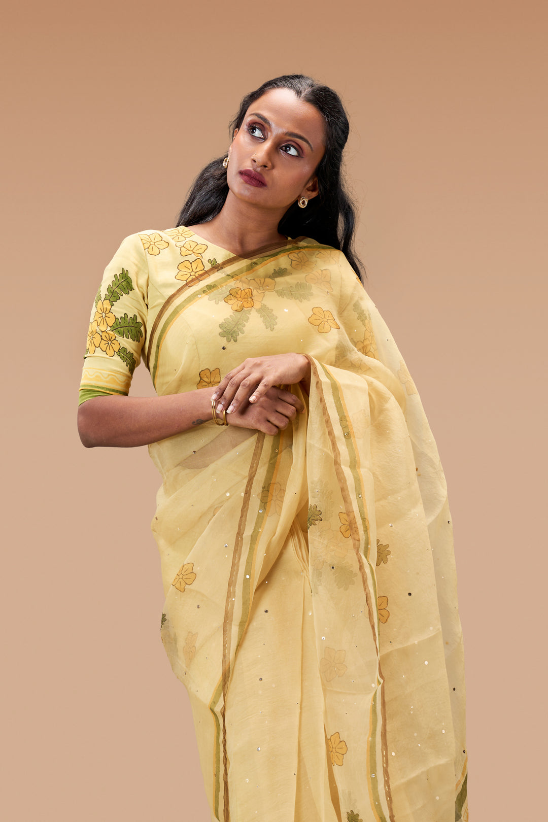 Beige Mukkutti Block Print Silk Organza Saree with Blouse Piece