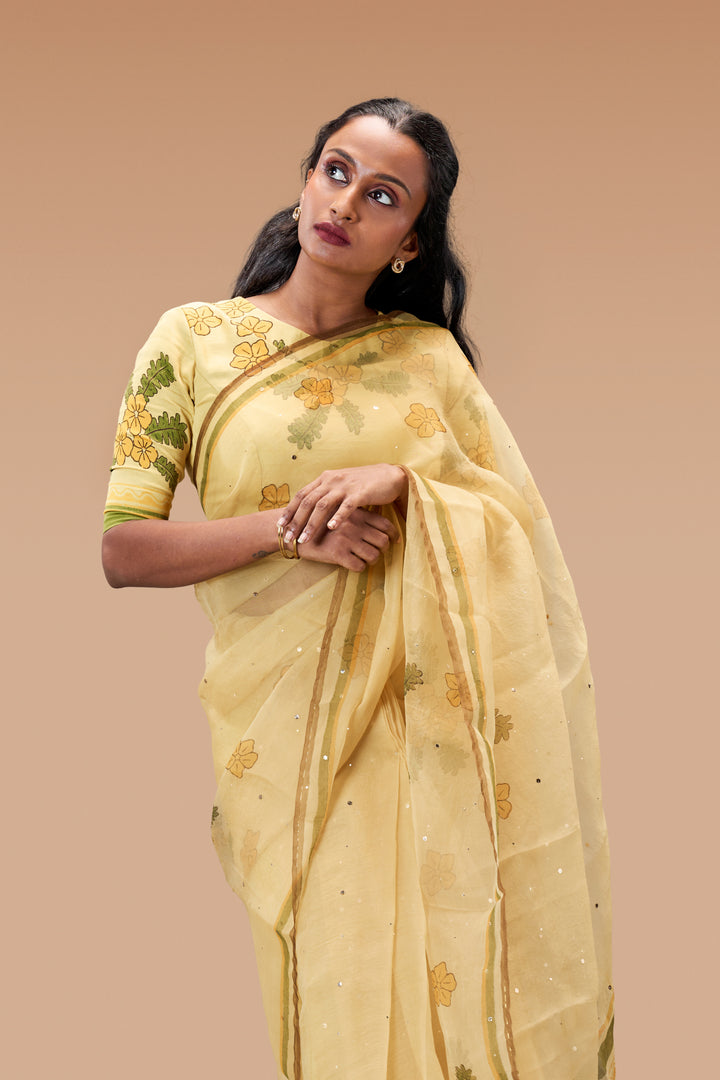 Beige Mukkutti Block Print Silk Organza Saree with Blouse Piece